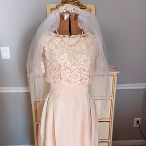 Vintage 1950s Satin Champagne Wedding Dress, Lace Jacket with Veil!